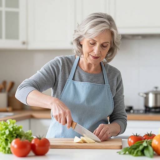 Photograph of a grey-haired elderly woman in a blue apron slicing cheese on a wooden board in a bright kitchen. Tomatoes and lettuce in foreground
