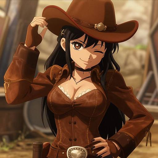 Anime-style digital illustration of a sexy black-haired woman in a brown cowboy outfit, winking, adjusting her hat, with a blurred western backdrop.