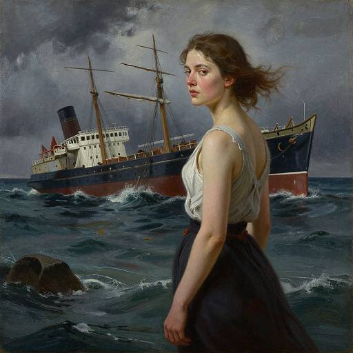 Realistic oil painting of a young woman with fair skin and brown hair, wearing a white blouse and black skirt, standing on turbulent ocean waves with a