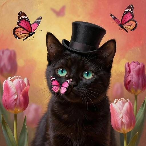 Photograph of a black cat with bright green eyes wearing a black top hat, surrounded by pink tulips, and two pink butterflies. Warm orange and