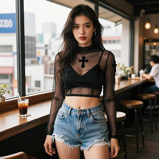 Photograph of a young woman with long dark hair, wearing a sheer black crop top with a cross design, and frayed denim shorts, standing in