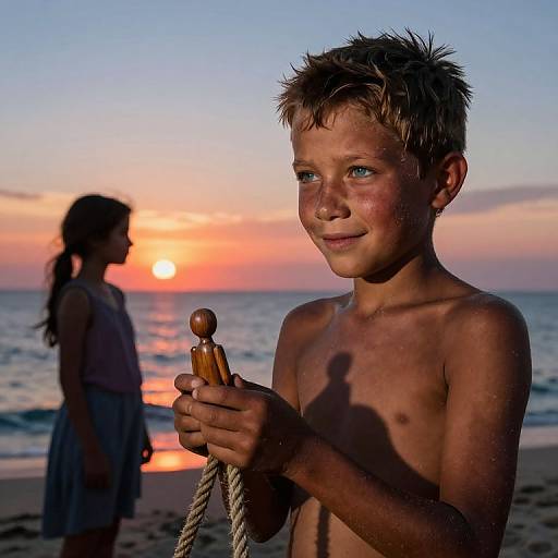 Photograph of a shirtless young boy with spiky blond hair holding a wooden toy at sunset on a beach, with a silhouetted girl