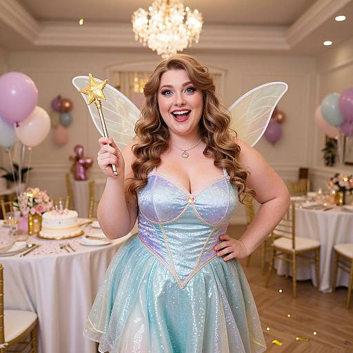 Photograph of a curvy, smiling woman with wavy brown hair, wearing a sparkly blue fairy dress and translucent wings, holding a star wand