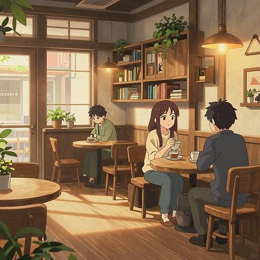 Anime-style digital drawing of a cozy, sunlit café with wooden furniture, three characters sipping tea, potted plants, and bookshelves.