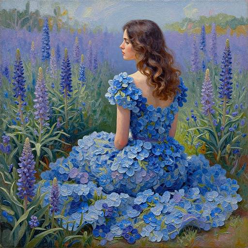 Digital painting of a woman with wavy brown hair, wearing a blue flower dress, sitting in a vibrant bluebell field.
