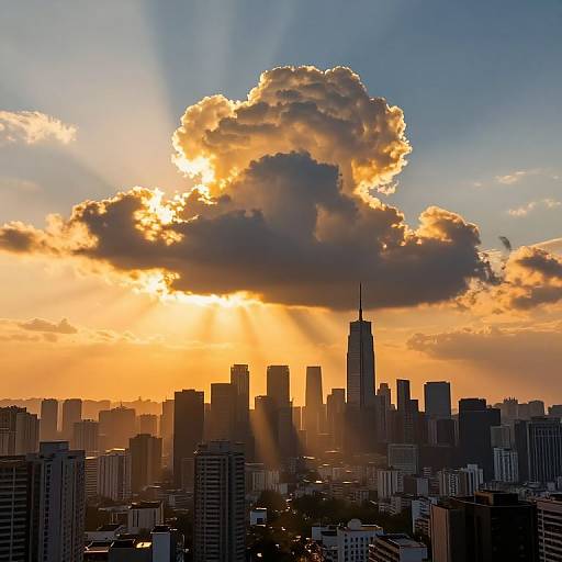Photograph of a city skyline at sunset, with sunrays piercing a large, golden-edged cloud, casting a warm glow over tall skyscrapers