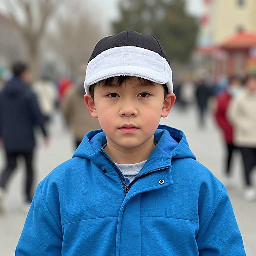 Photograph of an Asian boy with a black and white cap, wearing a blue hoodie, standing in a blurred, outdoor, urban setting.