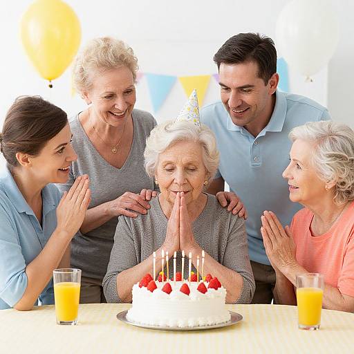 Photograph of elderly woman with white hair, wearing gray, surrounded by smiling family, clapping hands, celebrating birthday with white cake, strawberries, candles