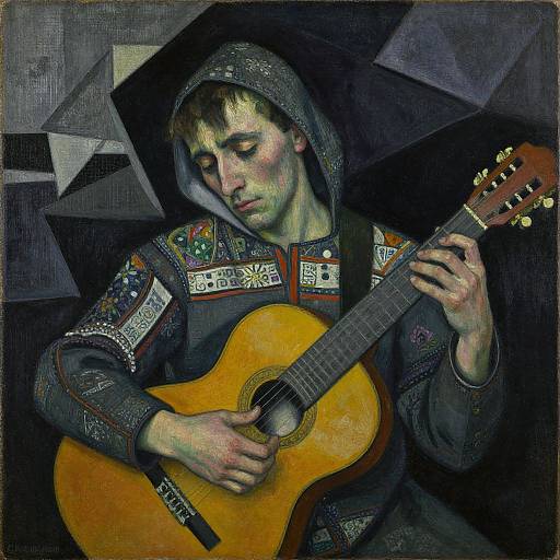 A melancholic young man with fair skin, hooded cloak adorned with intricate patterns, plays a wooden acoustic guitar in a dark, geometric background. (