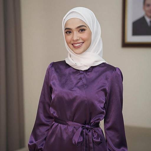 Smiling Woman in White Hijab and Purple Dress