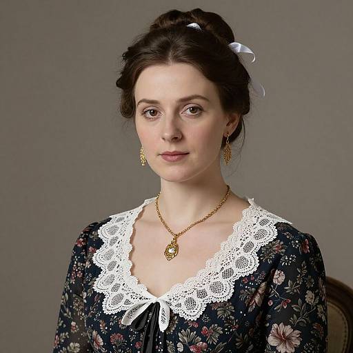 Photograph of a fair-skinned woman with dark brown hair in a bun, wearing a floral dress with white lace trim, gold necklace, and earrings