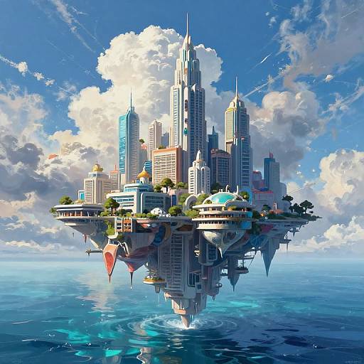Surreal Floating Futuristic City Over Ocean