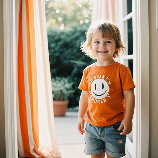 Smiling toddler boy in orange tee and denim shorts