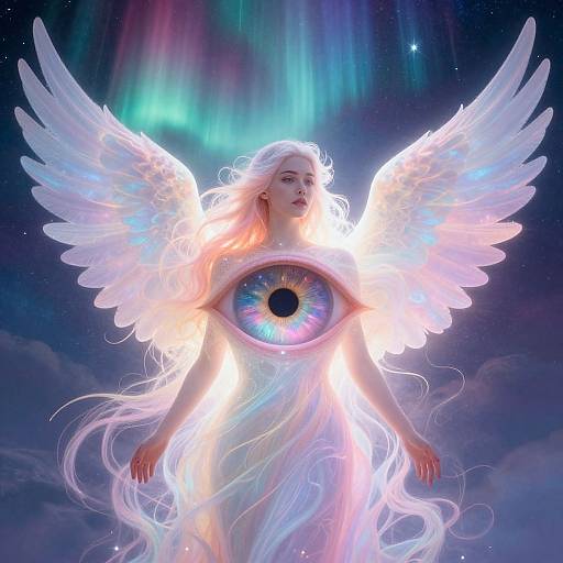 Digital artwork of a glowing white-winged angel with long flowing hair, a single radiant eye on her chest, set against a cosmic aurora backdrop.