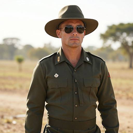 Photograph of a stern-looking male park ranger in black uniform, wide-brimmed hat, sunglasses, and badge, standing in a sunlit,