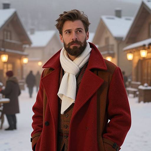Photograph of a bearded man with brown hair, wearing a red coat, white scarf, and brown plaid shirt, standing in a snowy,