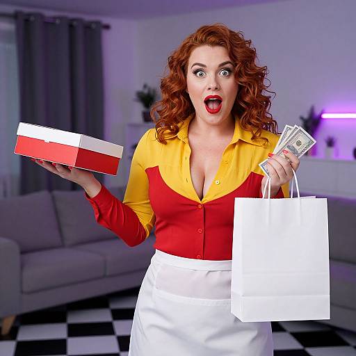 Surprised woman with red-yellow shirt, white apron, curly red hair, holding credit card, cash, and shopping bags, in modern living