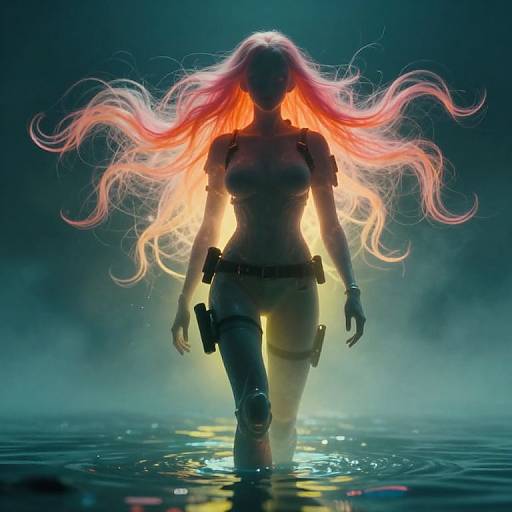 Digital artwork: Silhouetted, topless woman with glowing pink-orange hair, wearing tactical gear, wading through misty water, illuminated by