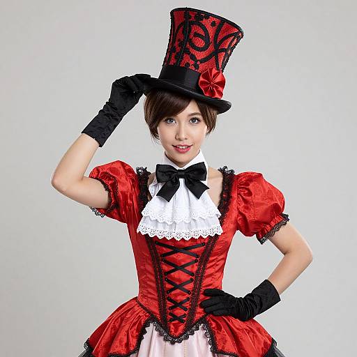 Photograph of a young Asian woman in Victorian-style red corset dress, black lace gloves, white lace collar, and tall black top hat, smiling