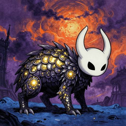 Digital artwork of a horned, black, armored creature with glowing golden scales, set against a dramatic orange and purple sky.