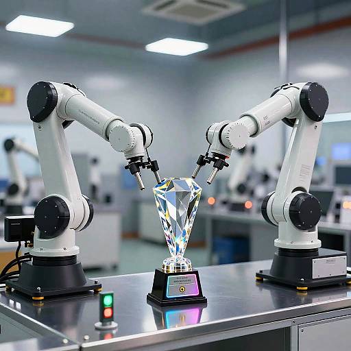 Photograph of two white, dual-arm microscopes focusing on a crystal trophy-shaped object in a brightly lit laboratory.