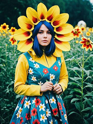 Woman in Flower Costume with Blue Hair