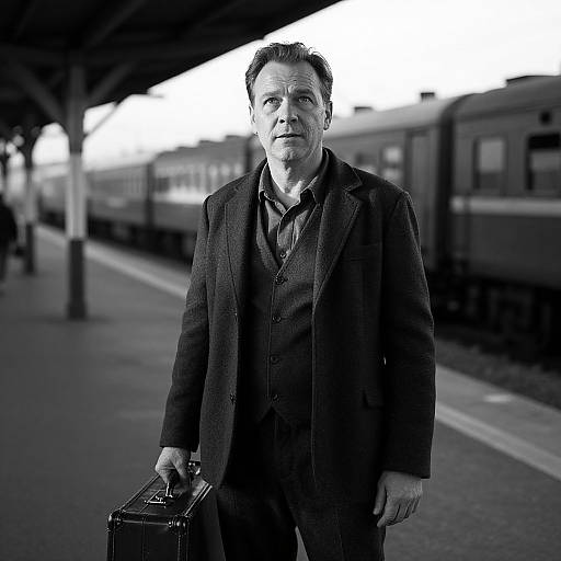 Black-and-white photograph of a middle-aged man with short, dark hair, wearing a dark blazer and holding a briefcase, standing on a train