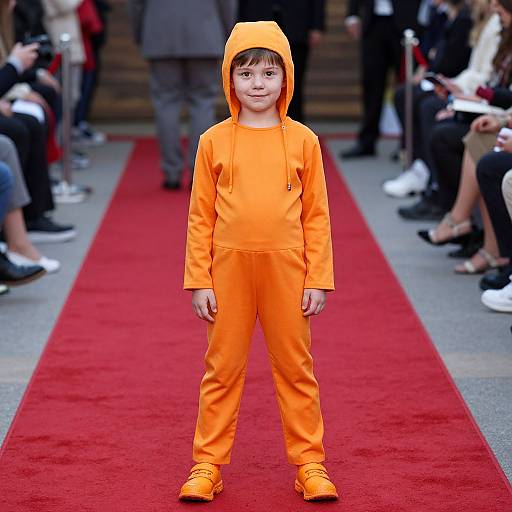 Photograph of a young boy in an orange onesie with hood, standing confidently on a red carpet, surrounded by seated onlookers.
