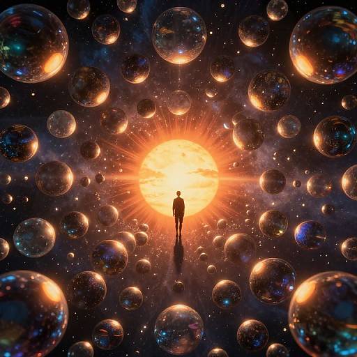 Silhouetted figure stands at center of radiant, glowing sun surrounded by floating, glowing bubbles in a dark, starry space. Digital artwork.