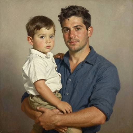 Photograph-style portrait of a muscular, dark-haired man in a blue shirt holding a wide-eyed, brown-haired toddler in a white shirt.