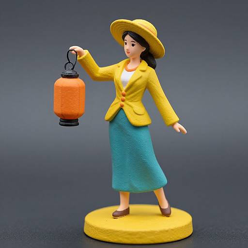 Photograph of a colorful, detailed figurine: Asian woman in yellow hat, yellow blazer, blue skirt, holding orange lantern, standing on yellow
