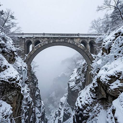 Photograph of a snow-covered, arched stone bridge spanning a misty, rocky canyon with dense, snow-laden trees on both sides.