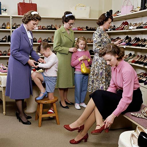 Photograph of five women and two children in a vintage shoe store, assisting with children's shoes, surrounded by shelves of various shoes.