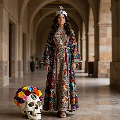 Photograph of a woman in a colorful, embroidered traditional dress, silver tiara, standing in a stone archway corridor with a decorated skull at her