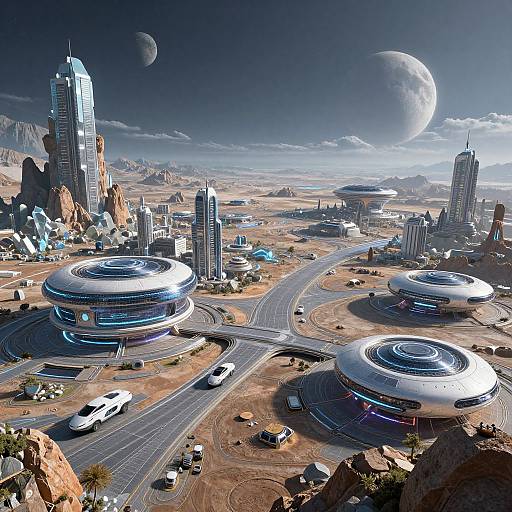 Photorealistic CGI of a futuristic desert cityscape with sleek, circular buildings, tall skyscrapers, intersecting roads, and two large planets in