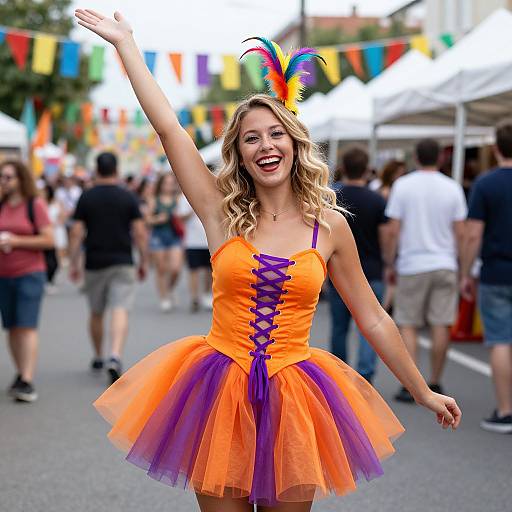 Joyful Woman at Colorful Street Festival