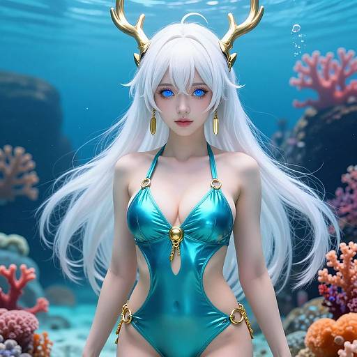 Digital anime artwork of a white-haired, blue-eyed woman with golden antlers, wearing a metallic teal one-piece swimsuit, underwater with vibrant coral reefs