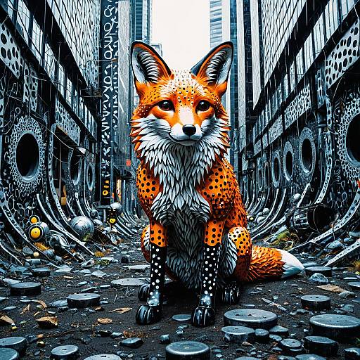 Cybernetic Fox Sculpture in Post-Apocalyptic Urban Setting
