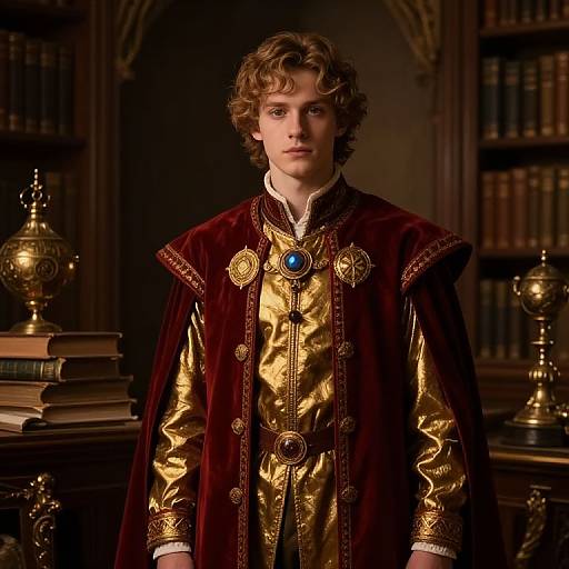 Photograph of a young man with curly brown hair, wearing a gold and maroon medieval-style robe with blue gemstones, standing in a dimly