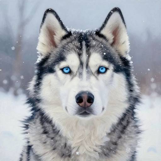 Close-up photograph of a striking Siberian Husky with vivid blue eyes, black and white fur, and snowflakes around its face, set against