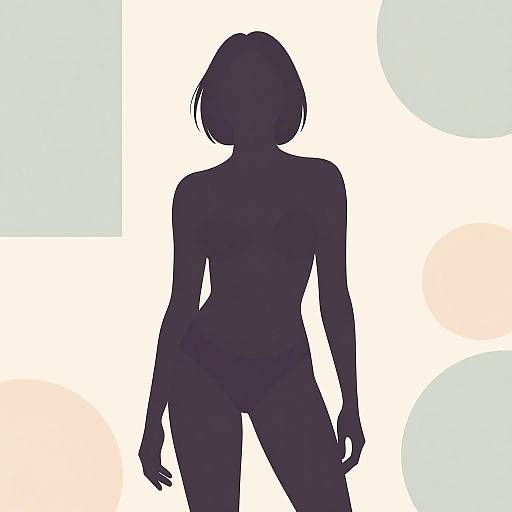 Silhouette of a nude, slender woman with a bob haircut, standing against a white background with light blue and beige circles. Digital art style.