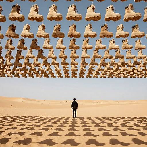 Photograph of a solitary person in black standing on a sandy desert with rows of floating, suspended beige boots against a bright blue sky. Shadows of boots