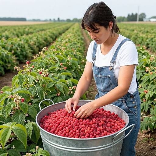 Photograph of an Asian woman in blue overalls and white shirt, picking bright red raspberries from a metal bucket in a lush, green field.