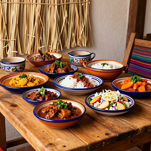Photograph of a rustic wooden table with colorful ceramic bowls of Mexican dishes, including rice, beans, and various meats, garnished with parsley, against