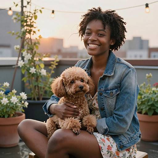 Young Woman with Toy Poodle on Urban Rooftop