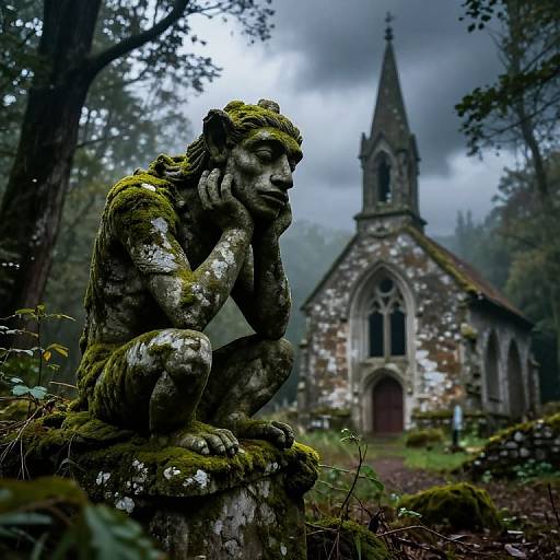 Photograph of a moss-covered, melancholic stone gargoyle in a misty forest, with an old, Gothic-style church in the background.