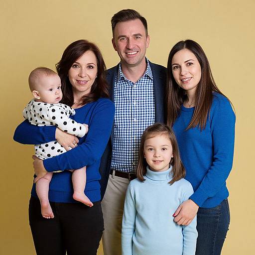 Photograph of a smiling white family: mother in blue sweater holding baby in polka dot onesie, father in checkered shirt, older sister in