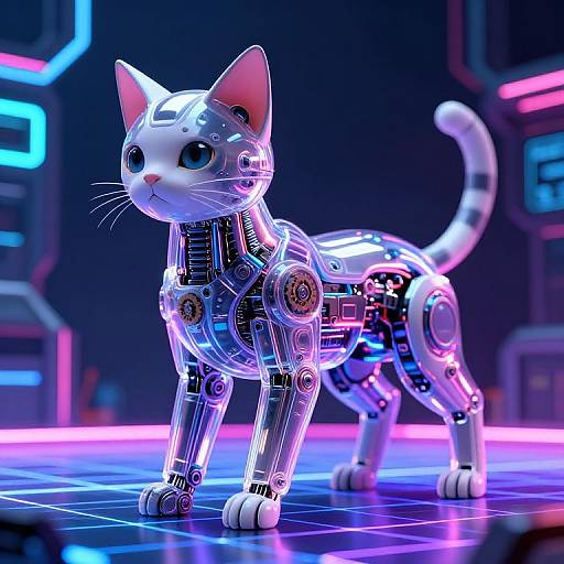 Digital artwork of a futuristic, white, robotic cat with blue eyes, standing on a neon-lit grid floor in a cyberpunk background.