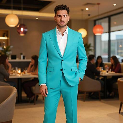 Photograph of a handsome, dark-haired man in a bright turquoise suit, standing confidently in a modern, warmly lit restaurant.
