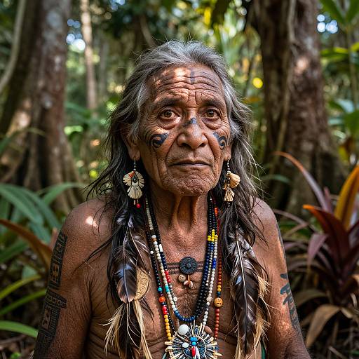 Photograph of an elderly Indigenous man with long gray hair, tribal face paint, beaded necklaces, and feathered adornments, sitting in a